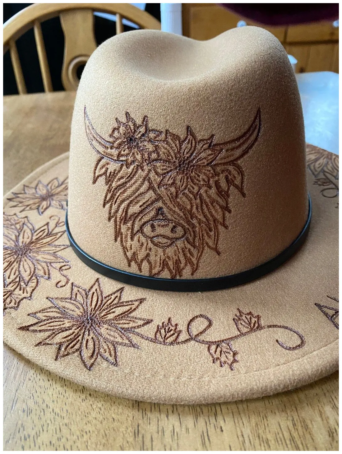 Sunflower Highlander Cow Wood Burned Fedora Hat - Custom Design, Wear