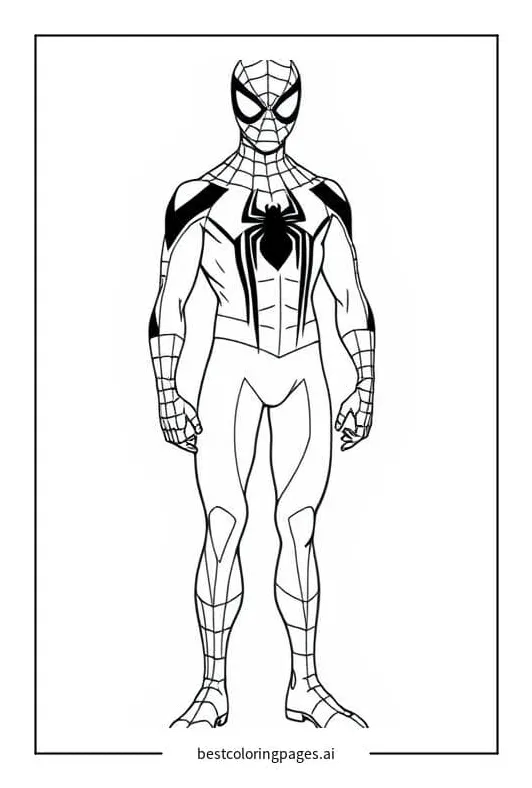 Spiderman standing hero pose coloring page free printable