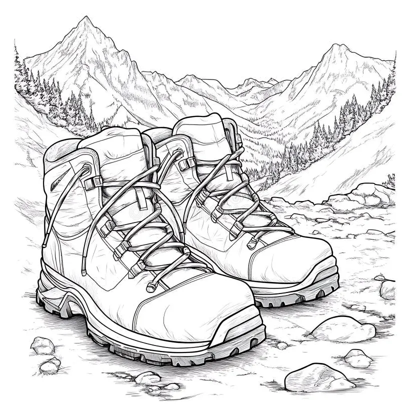 Simple Coloring Page of Hiking Boots in a Mountain Scene Stock