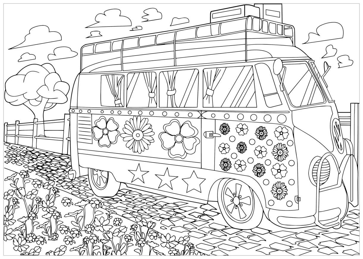 Combi Volkswagen hippy the Woodstock - Vintage Adult Coloring Pages