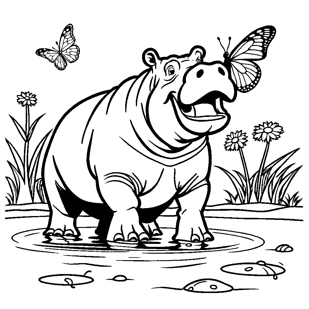 Hippopotamus with butterfly coloring page Lulu Pages