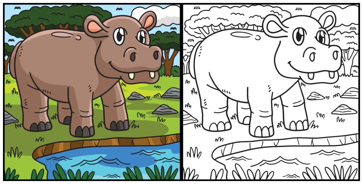 Hippopotamus Coloring Page Colored Illustration 23088298 Vector Art at
