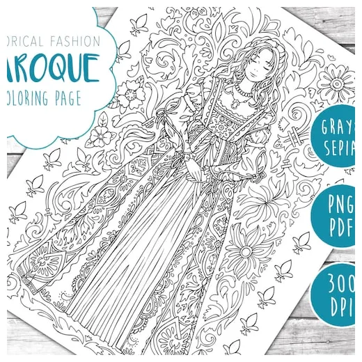 Historical fashion coloring page for adults printable etsy