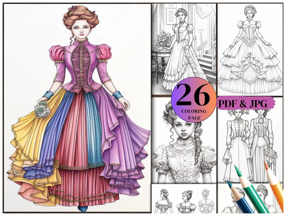 26 vintage classic dress coloring page, retro dress instant download