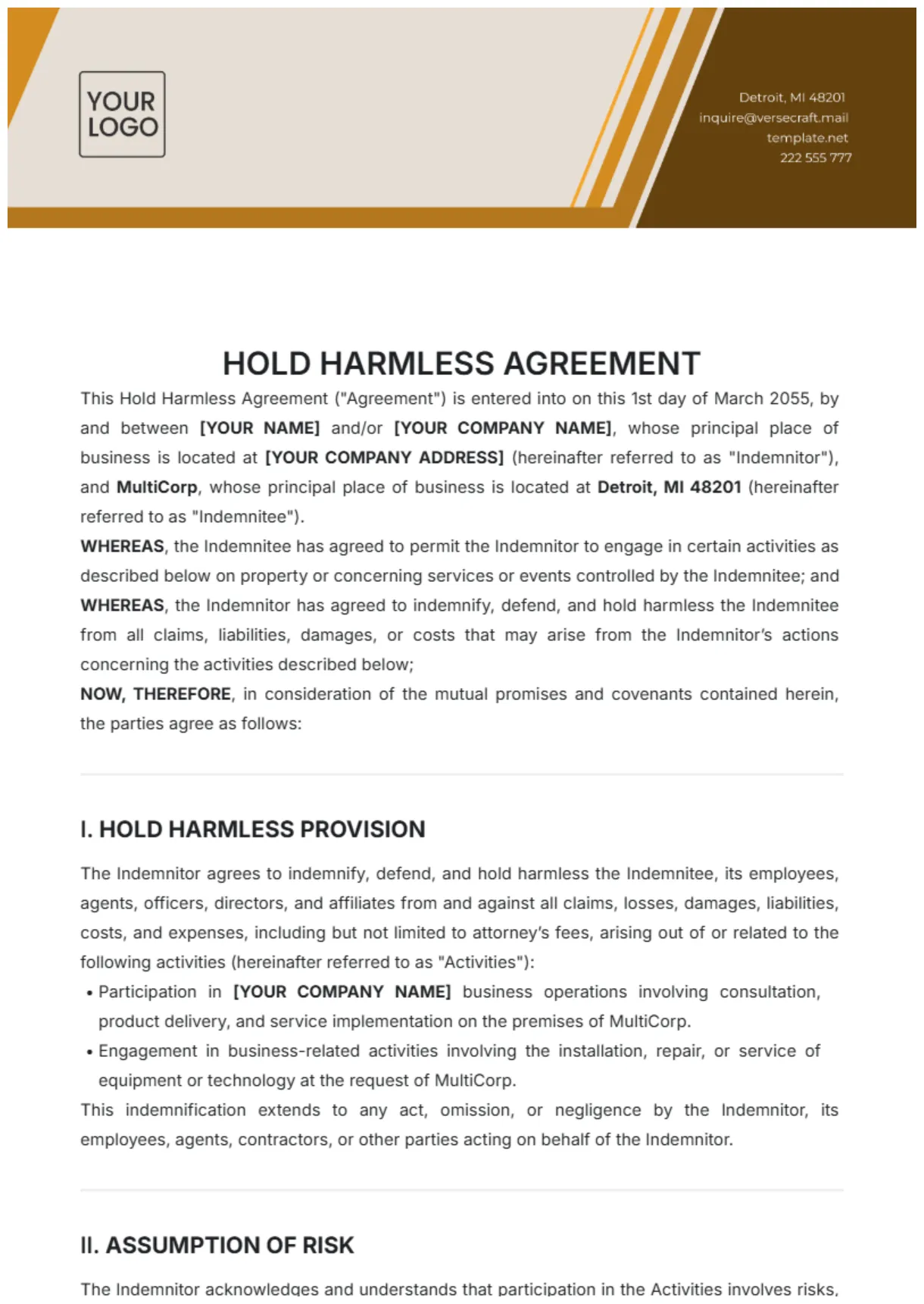 Free Hold Harmless Agreement Template to Edit Online