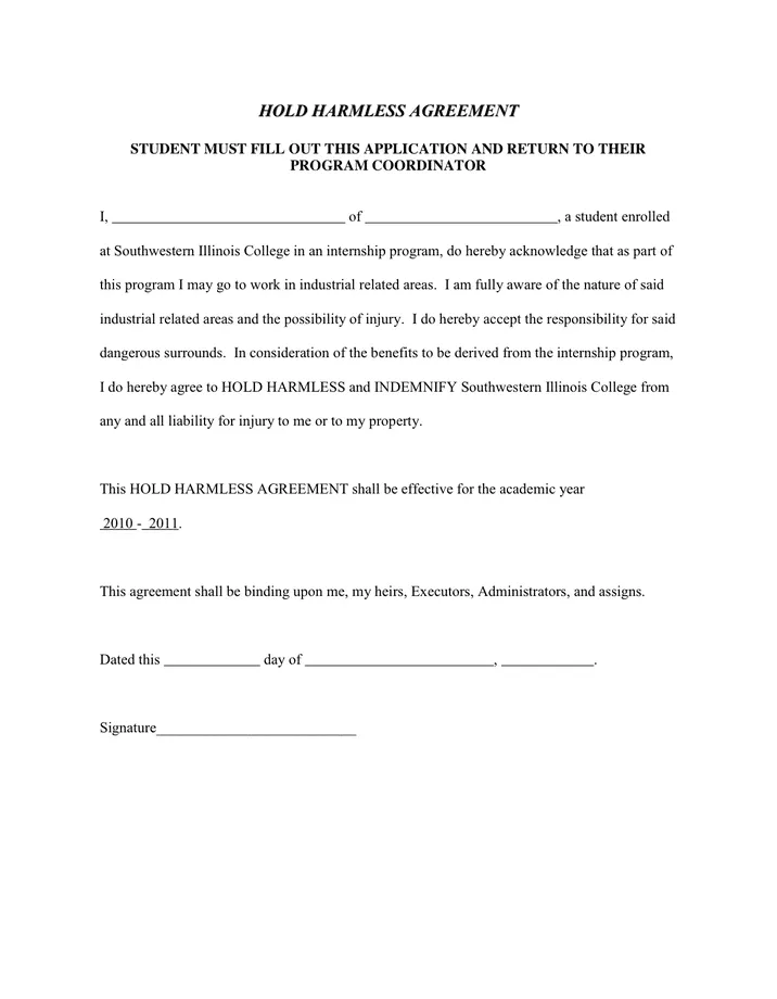 HOLD HARMLESS AGREEMENT in Word and Pdf formats