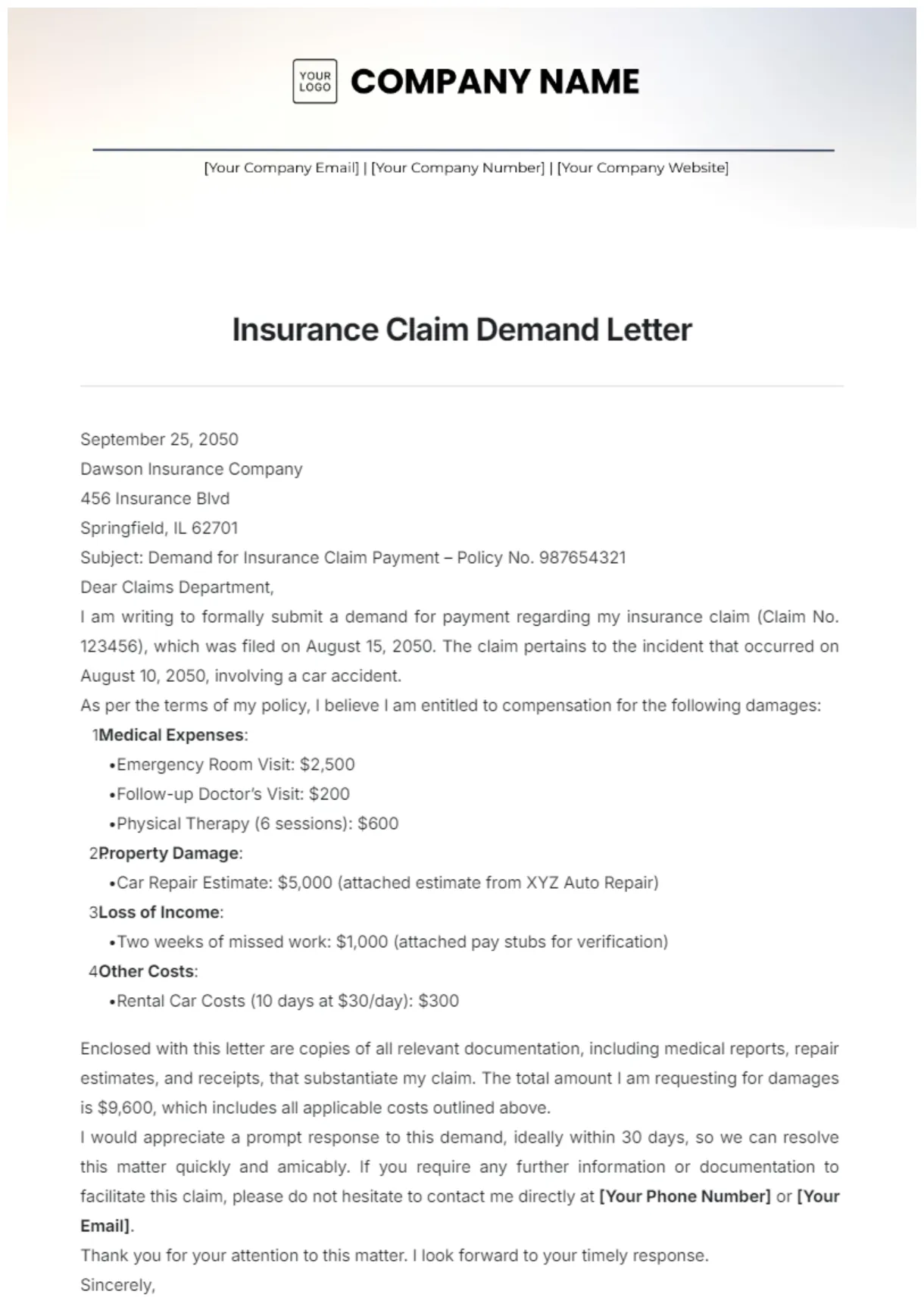 Free Insurance Claim Demand Letter Template to Edit Online