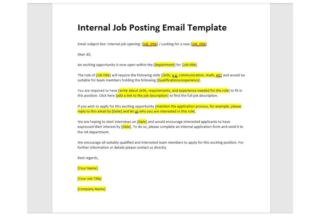 Editable internal job posting email template, job posting template, job