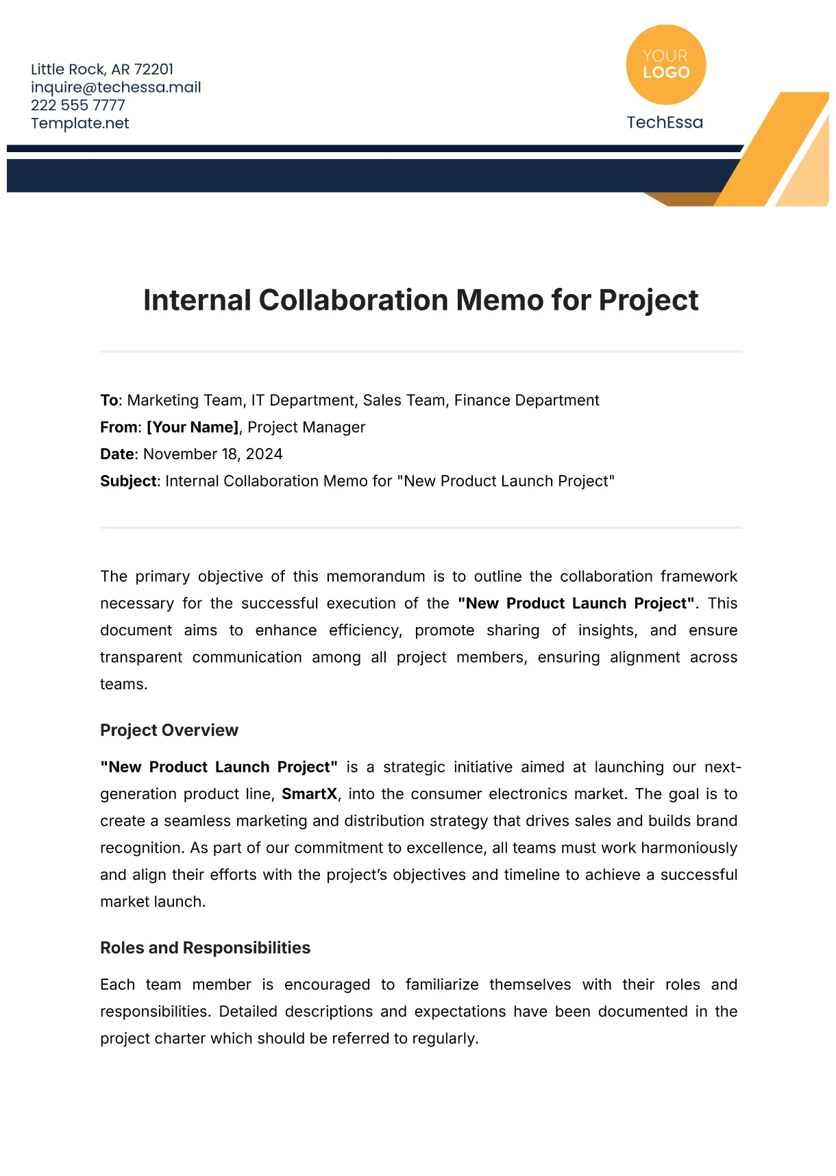 Free internal collaboration memo for project template to edit online