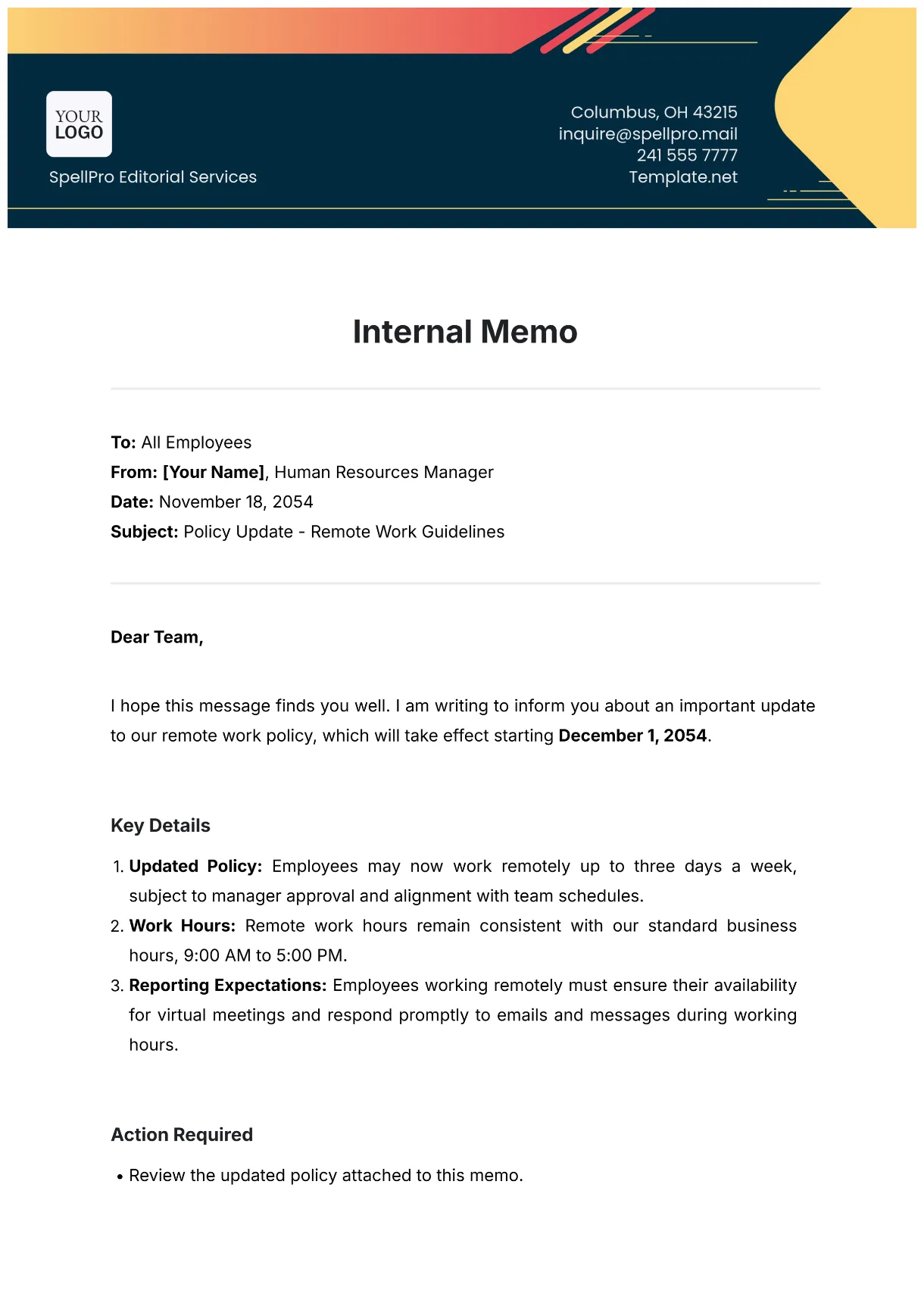 Free internal company memo for safety template to edit online