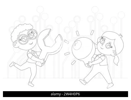 Coloring page. kid inventors day. cute boy and girl with light bulb and printable coloring page