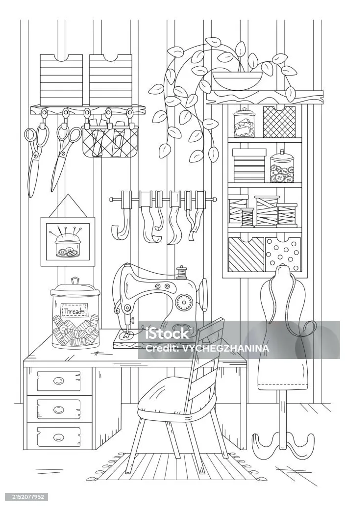 Coloring page sewing workshop stock illustration download now