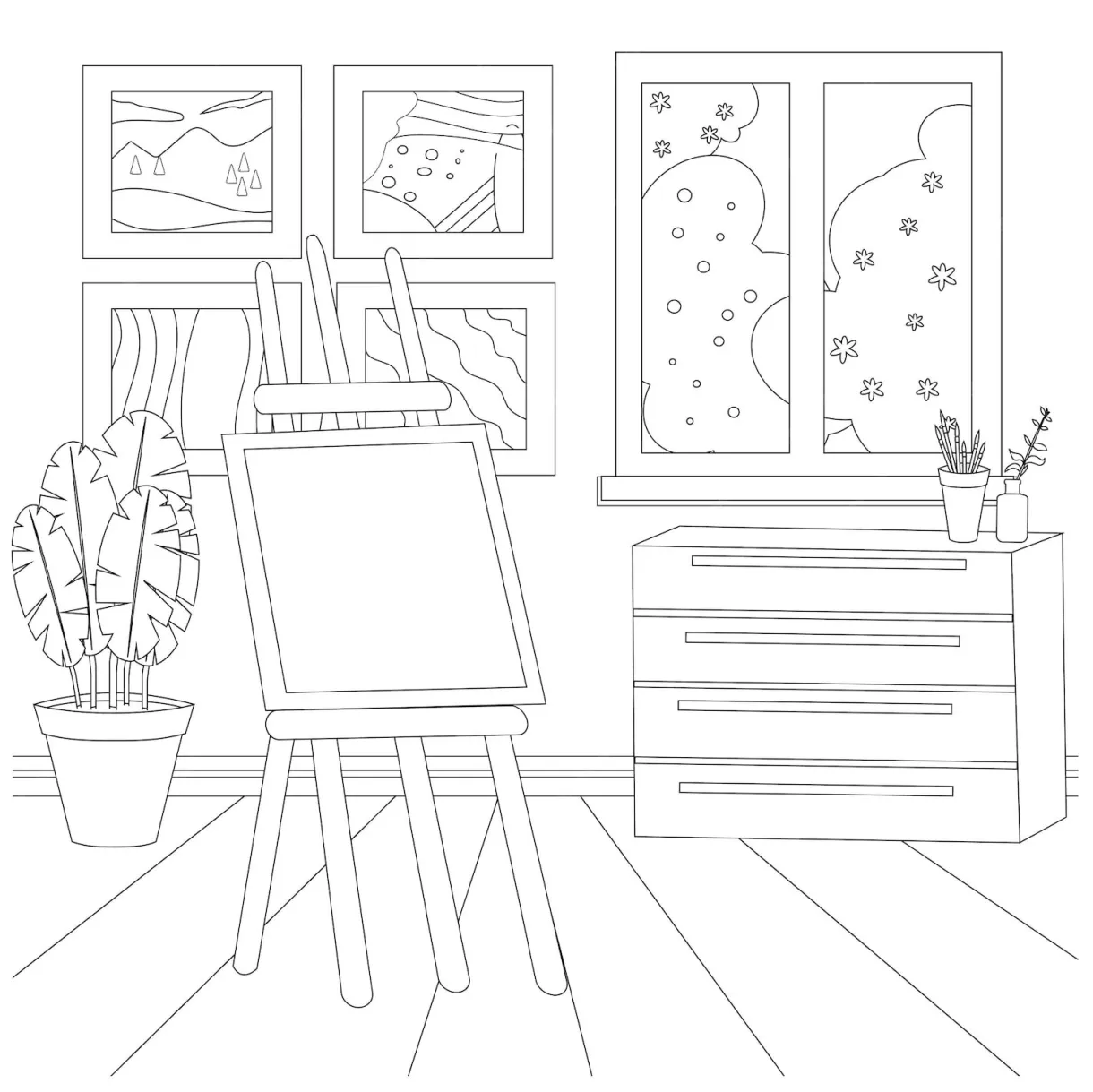 Premium vector artist workshop workspace coloring page for