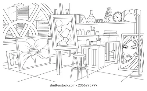 Vector illustration artists workshop studio coloring stock vector printable coloring page
