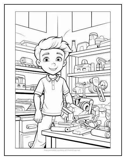 Boy in workshop coloring page print it free