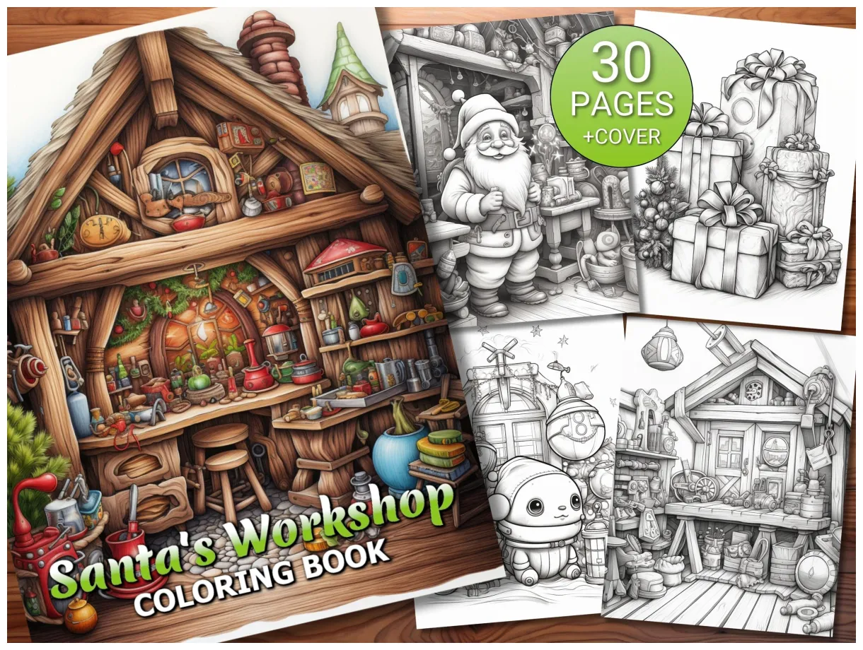 30 santa's workshop coloring page book adults kids instant download