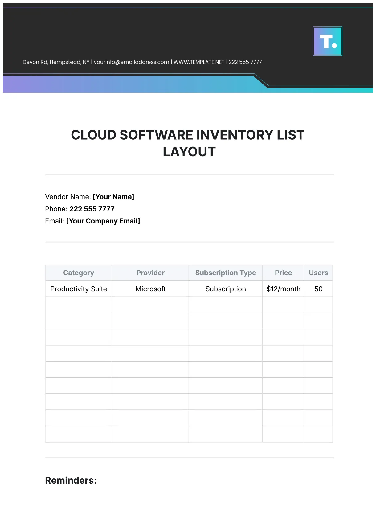 Free cloud software layout template to edit online