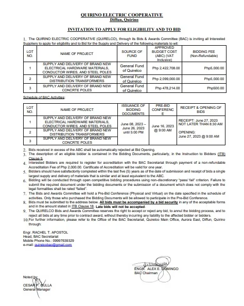 Invitation to apply for eligibility and to bid quirelco