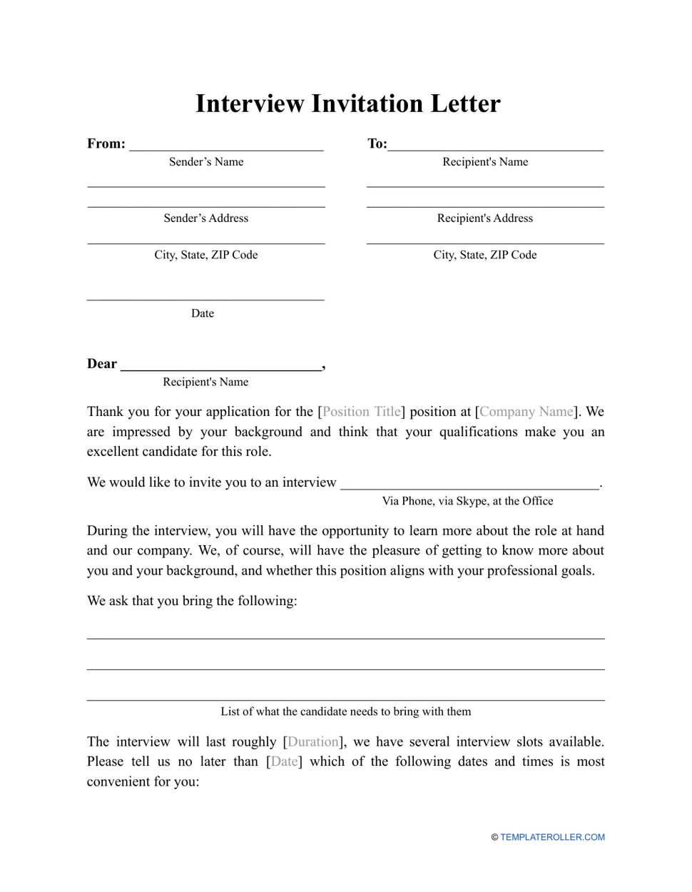Interview invitation letter template download printable pdf