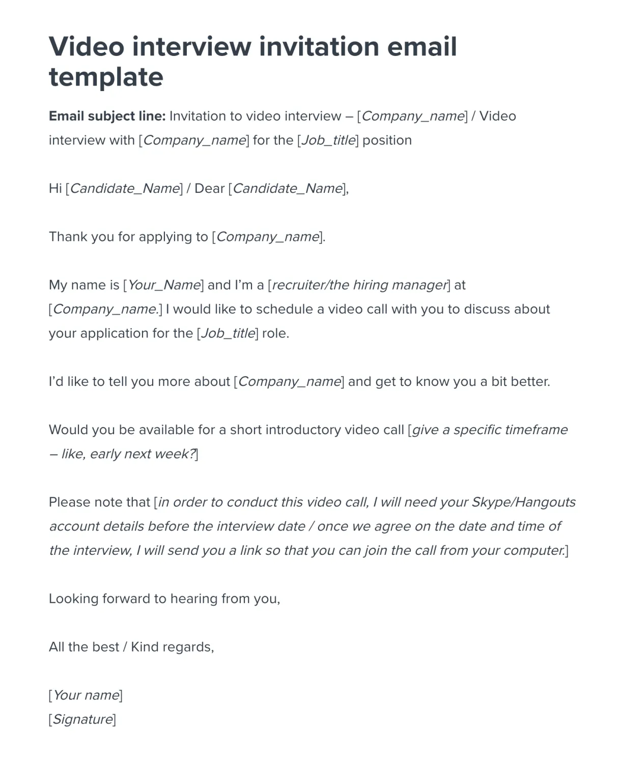Video interview invitation email template workable