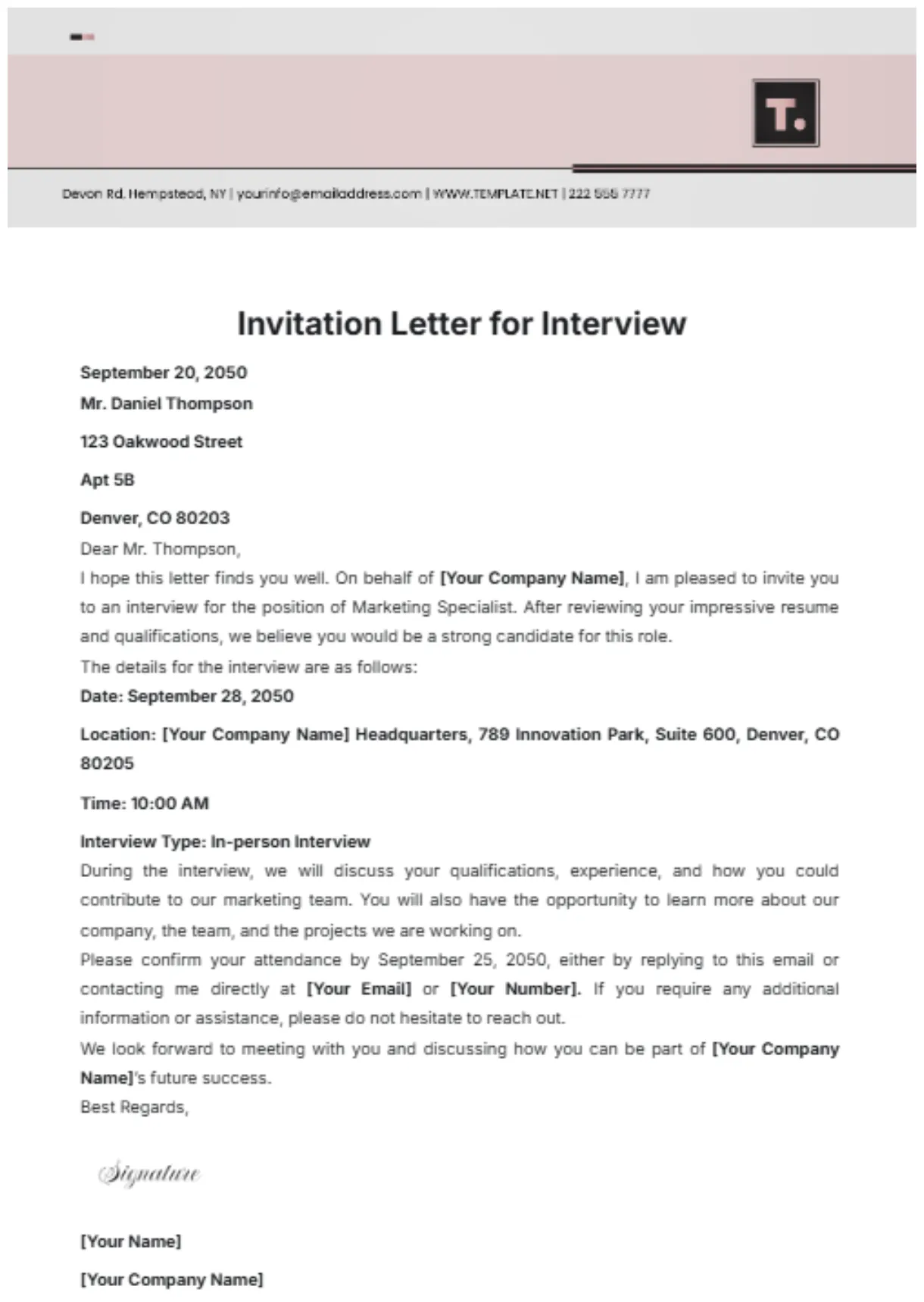 Free invitation letter for interview template to edit online printable coloring page