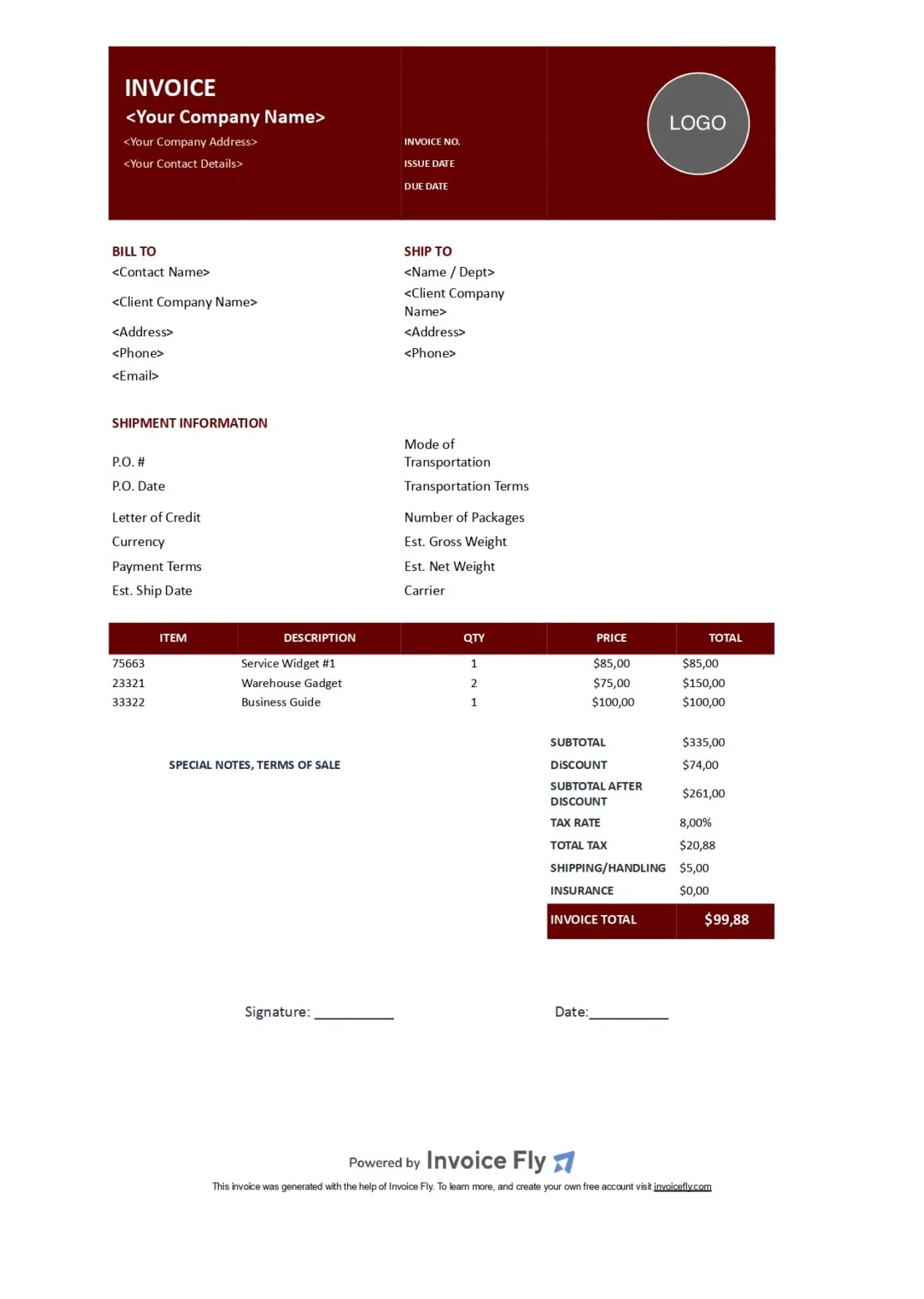 Free blank invoice fly