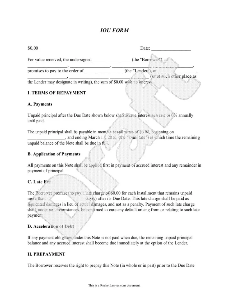 Iou Form Template Printable Legal Iou With Sample Iou Form in Iou