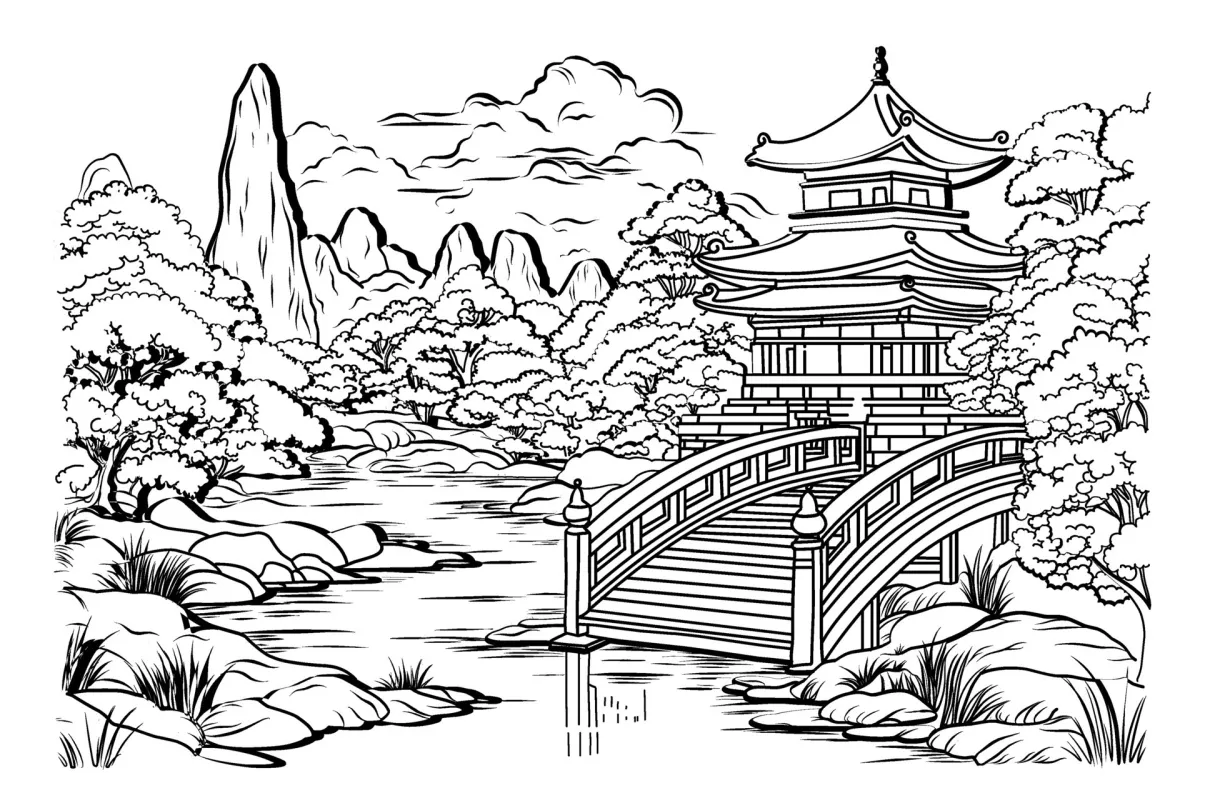 Japanese Landscape Coloring page. coloring page of japanese garden