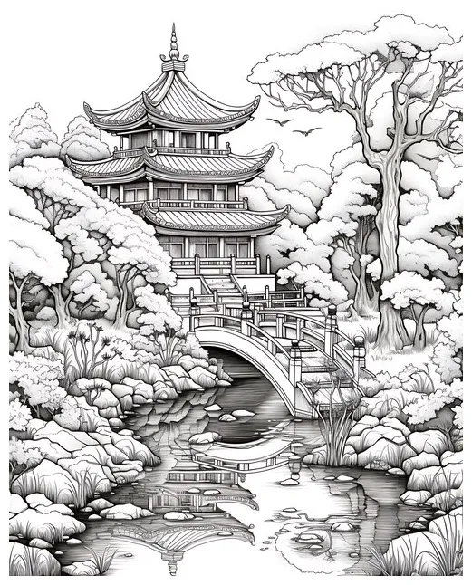 Premium Photo | Coloring Page Of Japanese Garden
