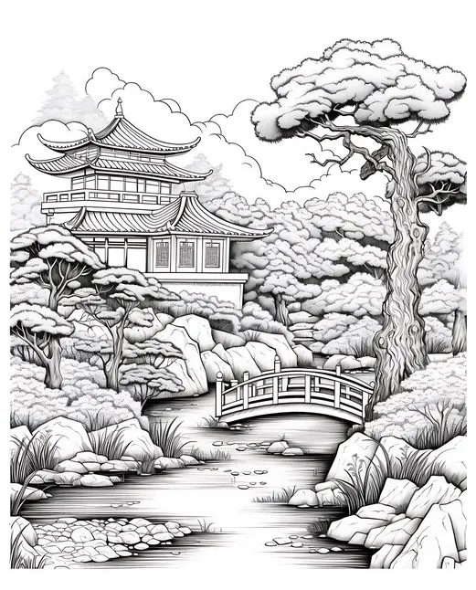 Premium Photo | Coloring Page Of Japanese Garden