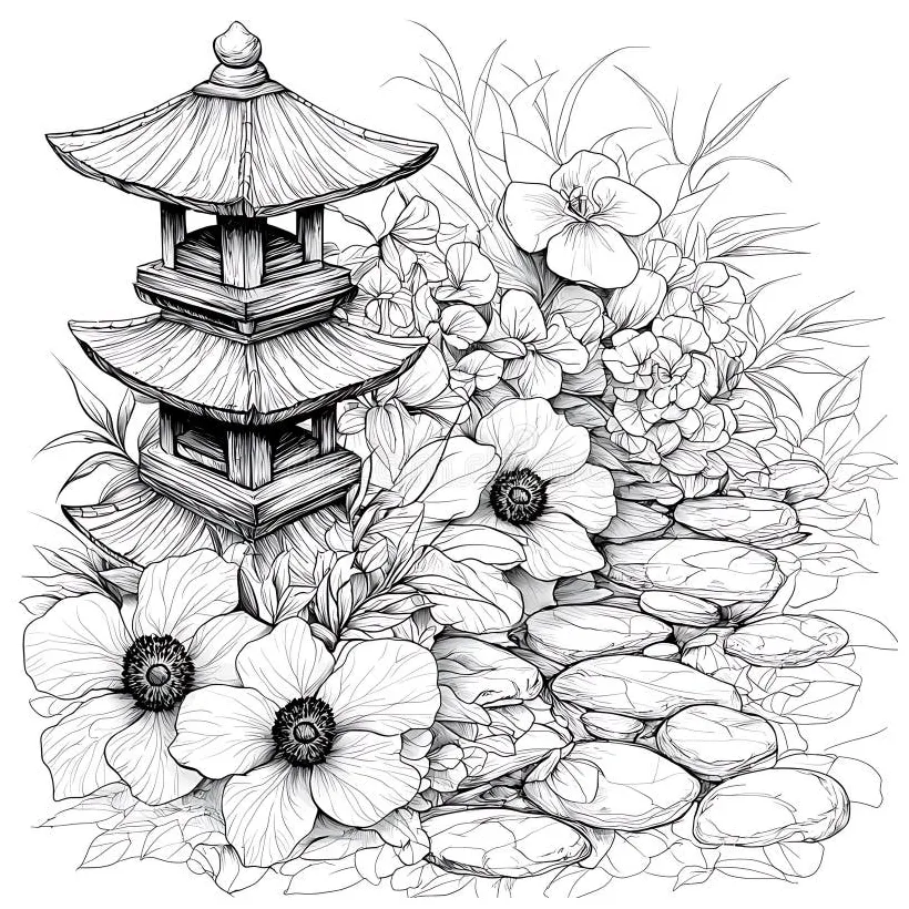 Vibrant Japanese Garden Coloring Page for Relaxation Stock Illustration