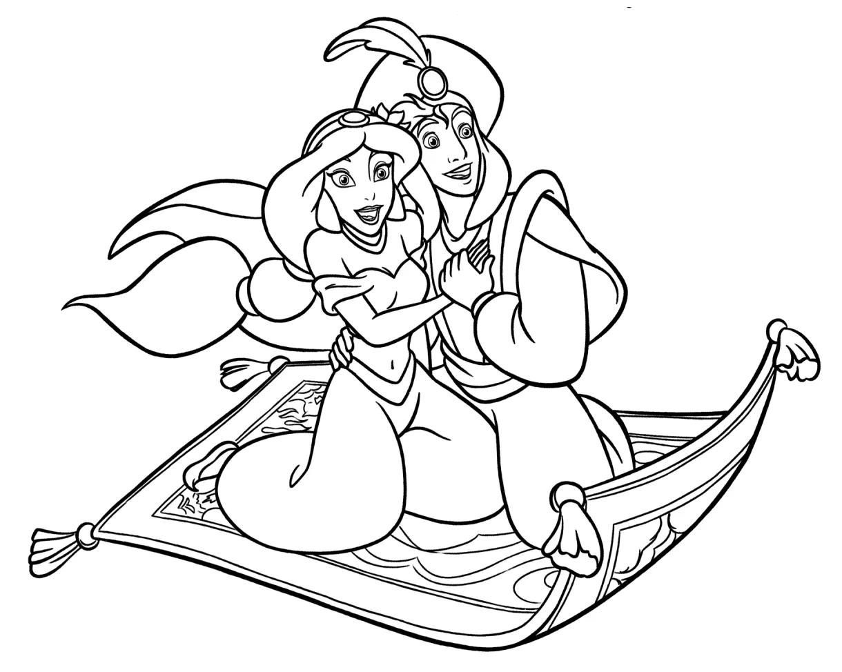 Jasmine and aladdin on a magic carpet coloring page free and printable