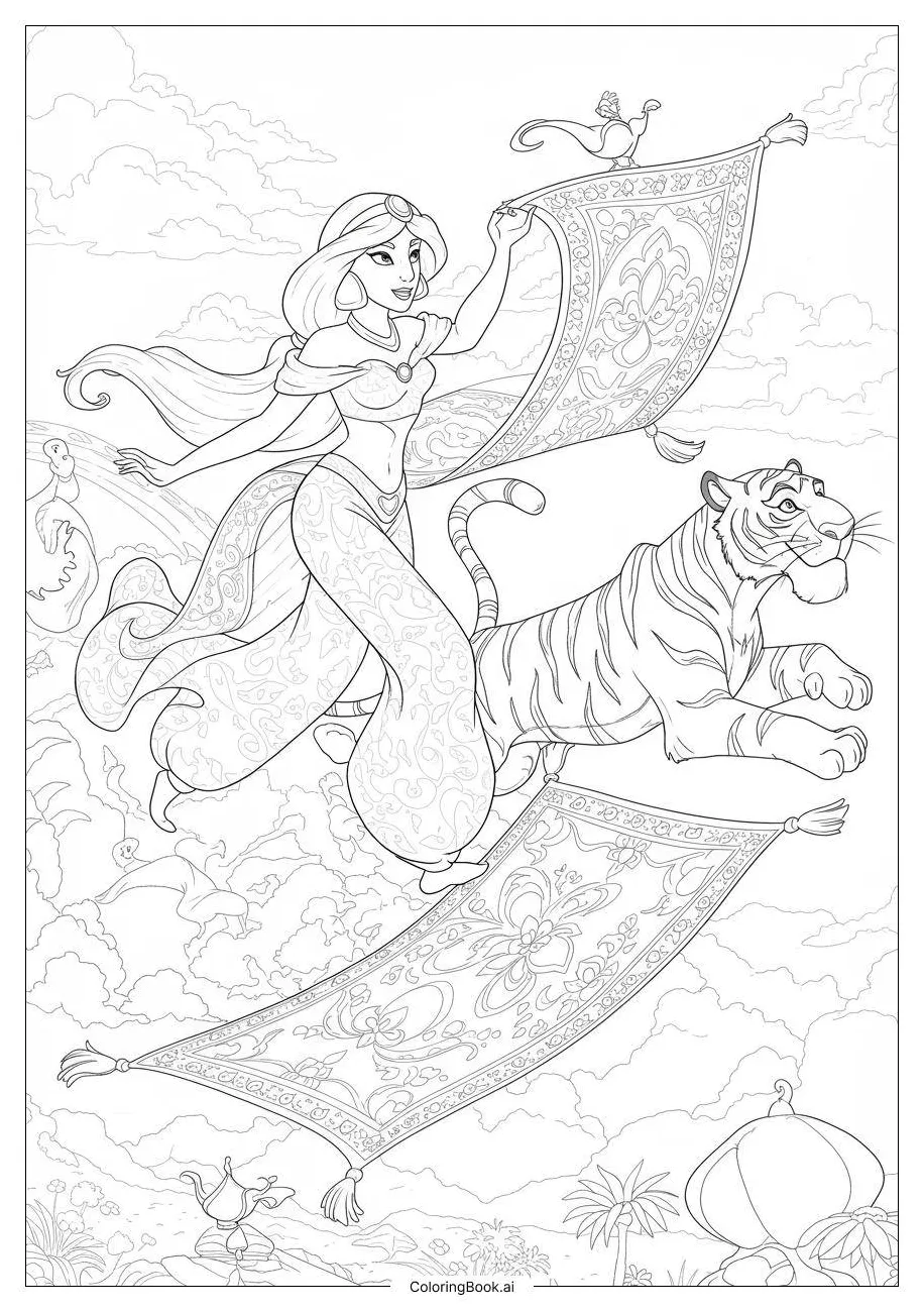 Jasmine and rajah chasing carpet coloring page free pdf&png printable