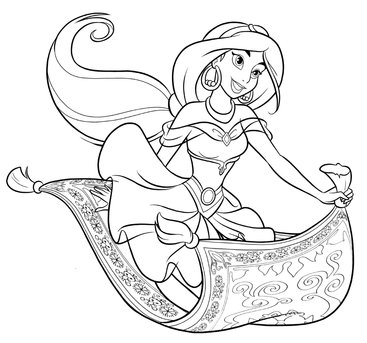 Jasmine on the magic carpet coloring page free and printable