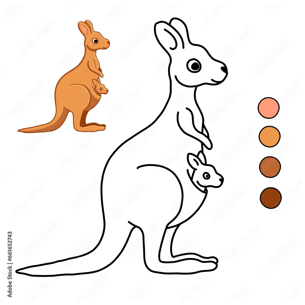Cute australian kangaroo with baby in pouch. Ready to print simple