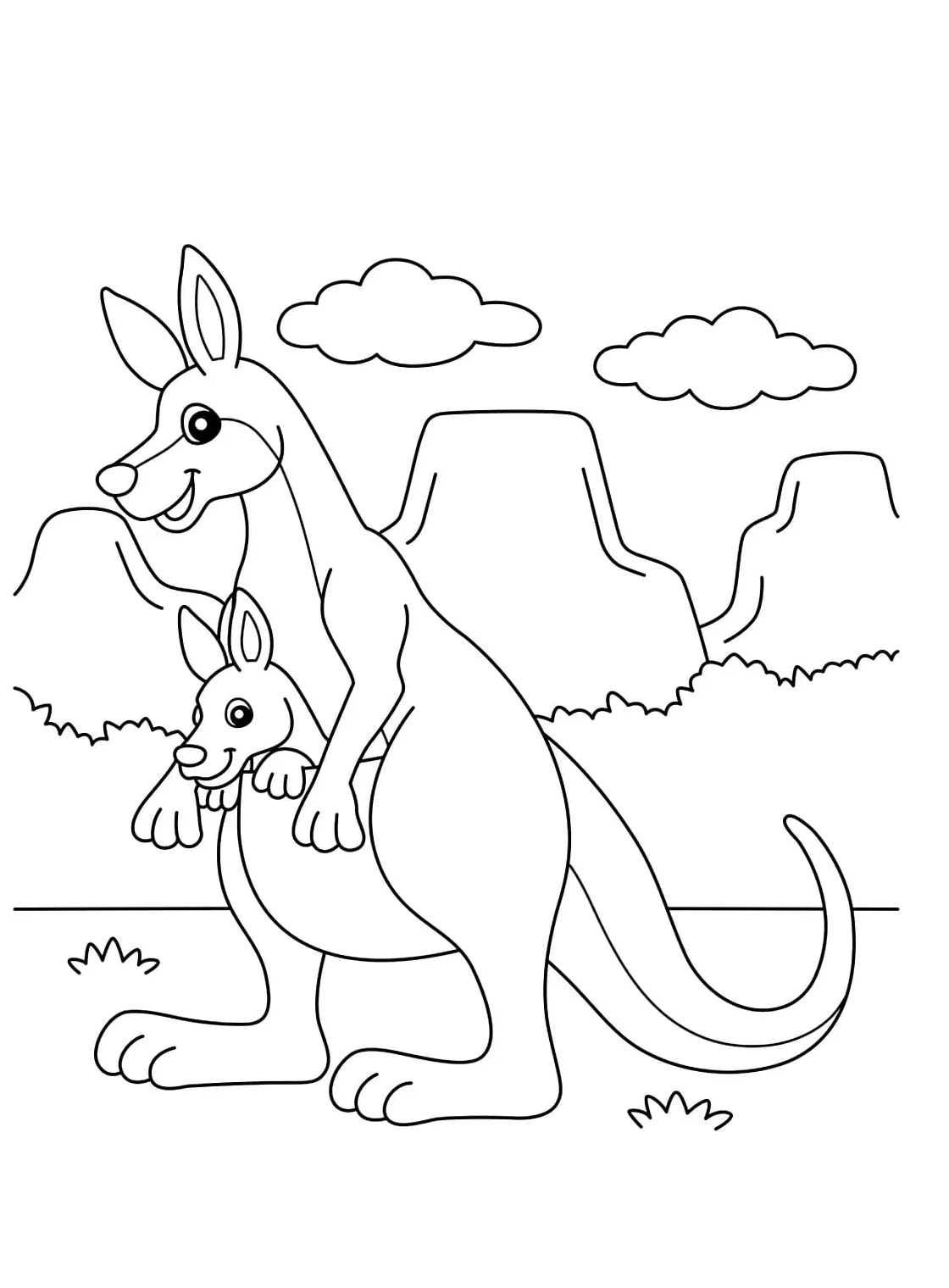 Cute mother and baby kangaroo coloring page download, print or color