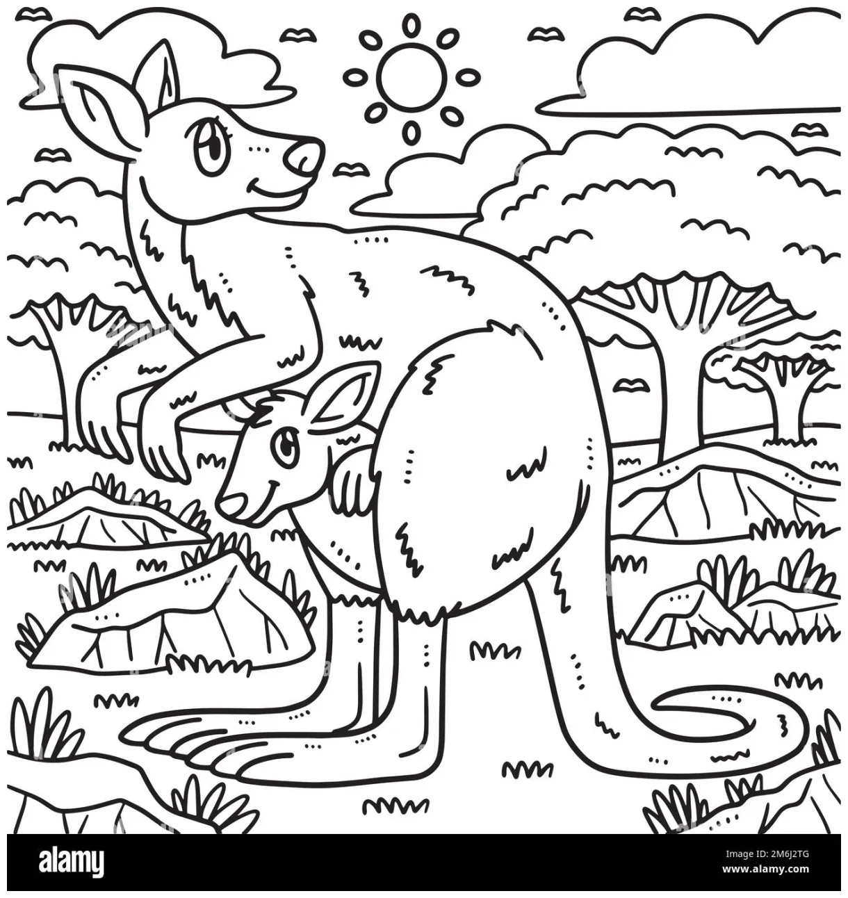 Mother Kangaroo and Baby Kangaroo Coloring Page Stock Vector Image