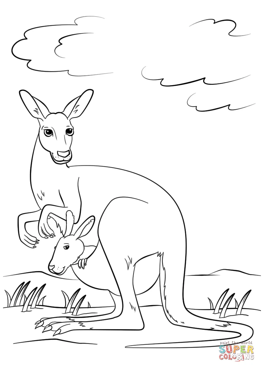 Cute kangaroo with baby in pouch coloring page free printable