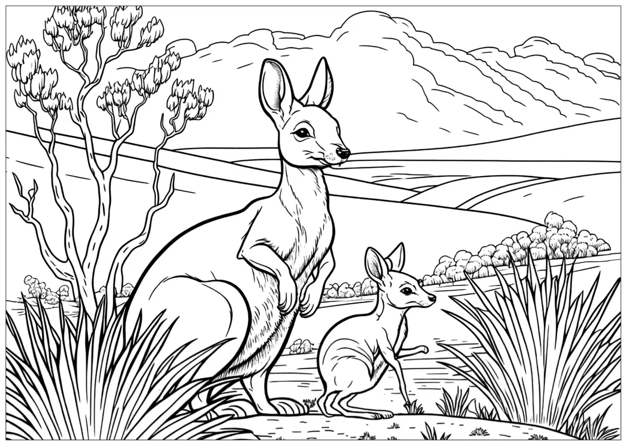 Mother and baby kangaroo coloring page download, print or color