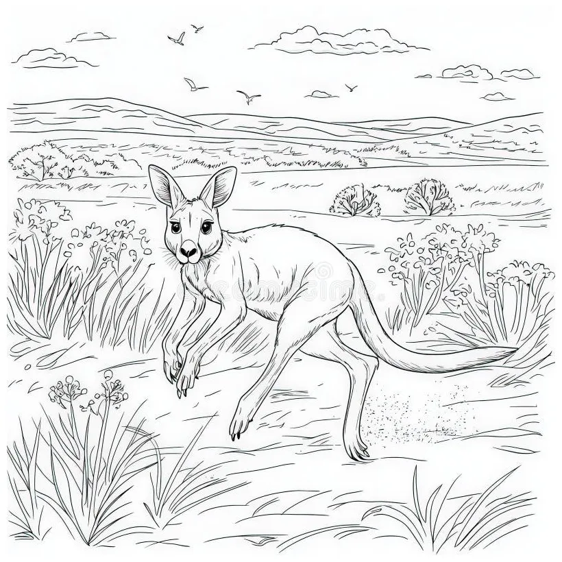 A playful kangaroo jumping around , coloring page for kids