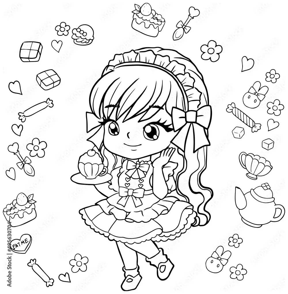 Coloring page cartoon kawaii manga illustration clipart kid drawing