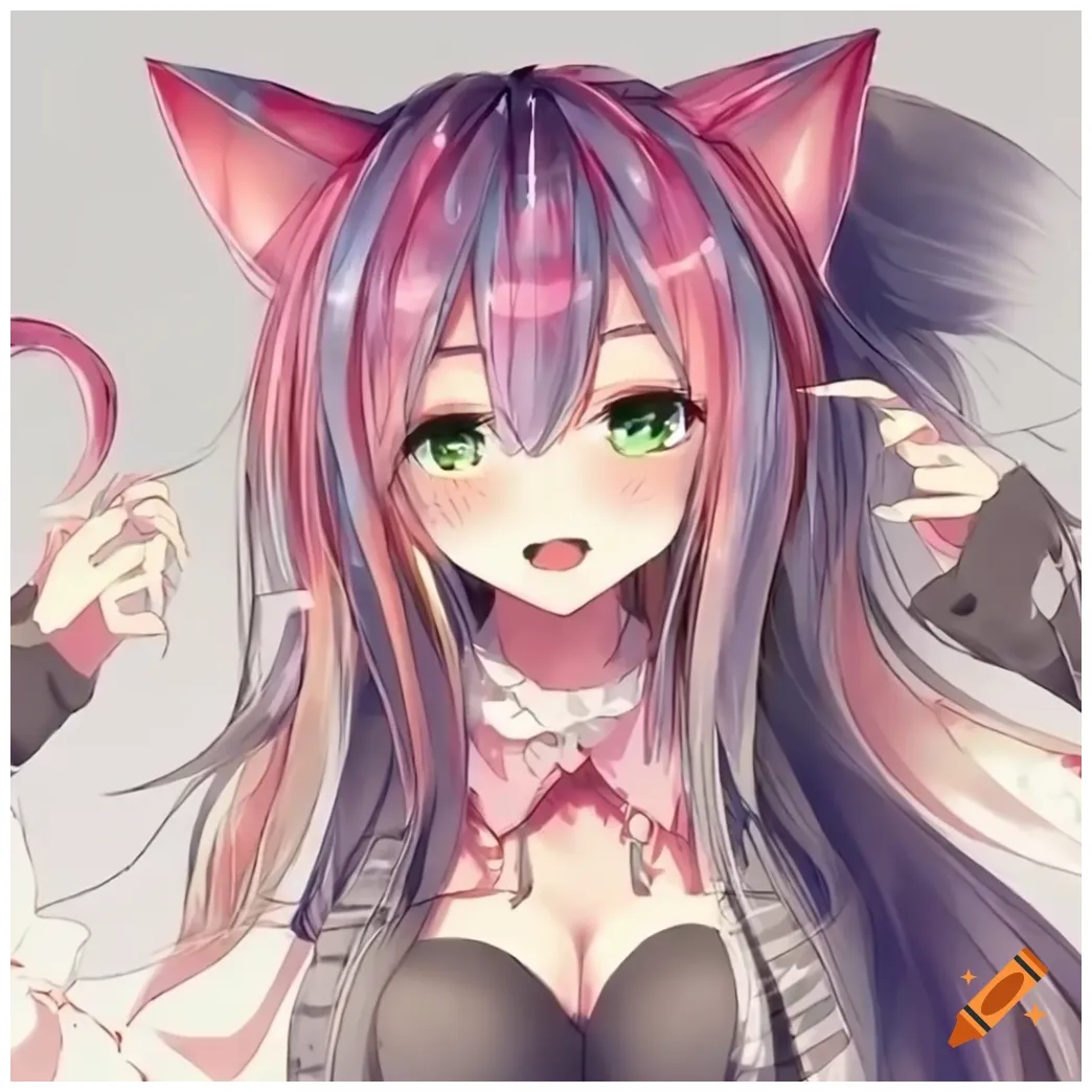 Of anime neko girls with rainbow hair and green eyes on craiyon