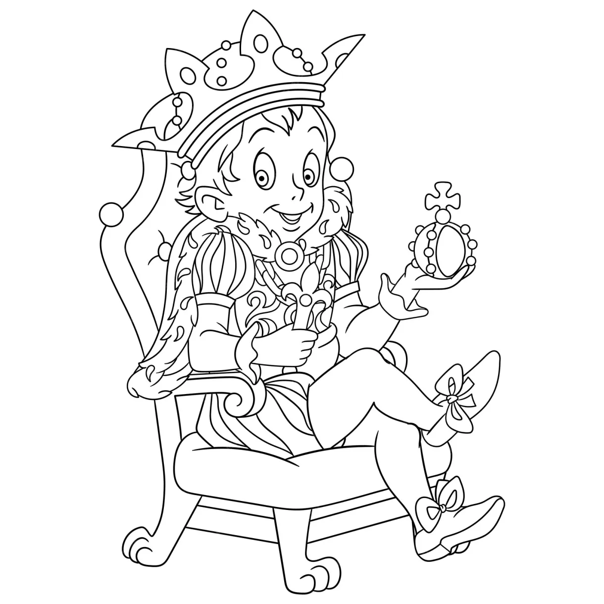 Premium vector cute happy young king on throne. cartoon coloring book