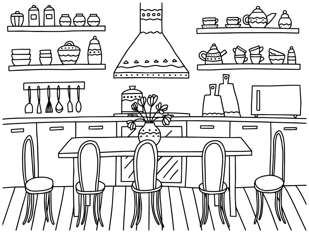 Kitchen interior vector coloring page. cute coloring page with cozy