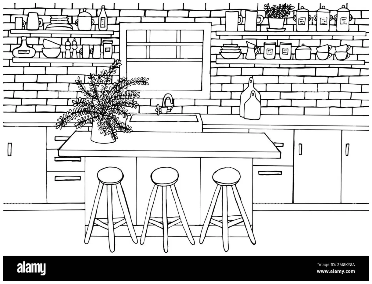 Kitchen interior coloring page stock vector & art alamy