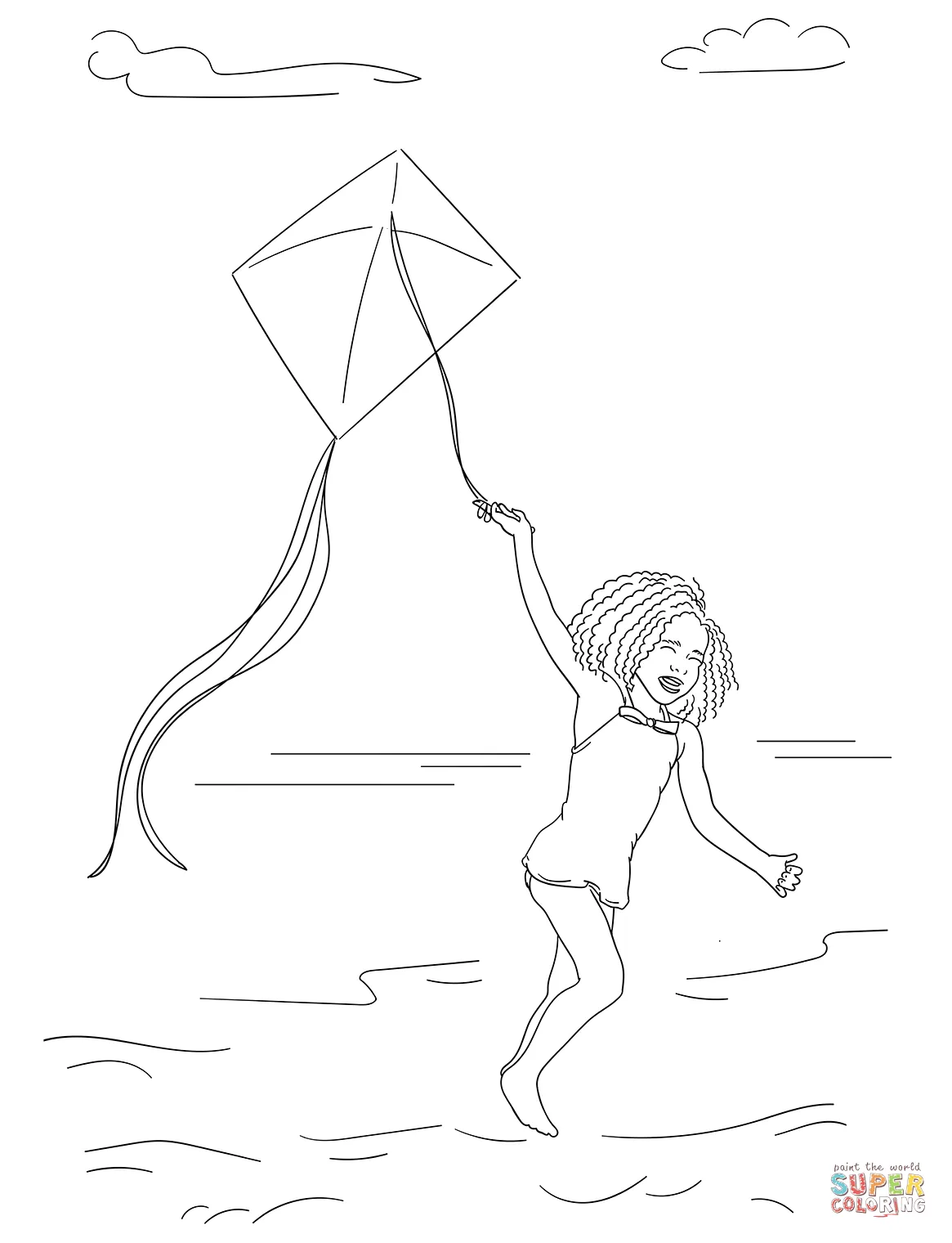 Girl flying a kite coloring page free printable coloring pages