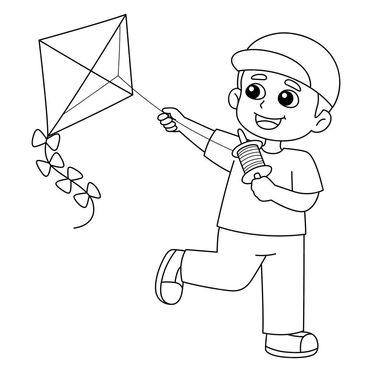 Premium vector spring boy flying a kite isolated coloring page