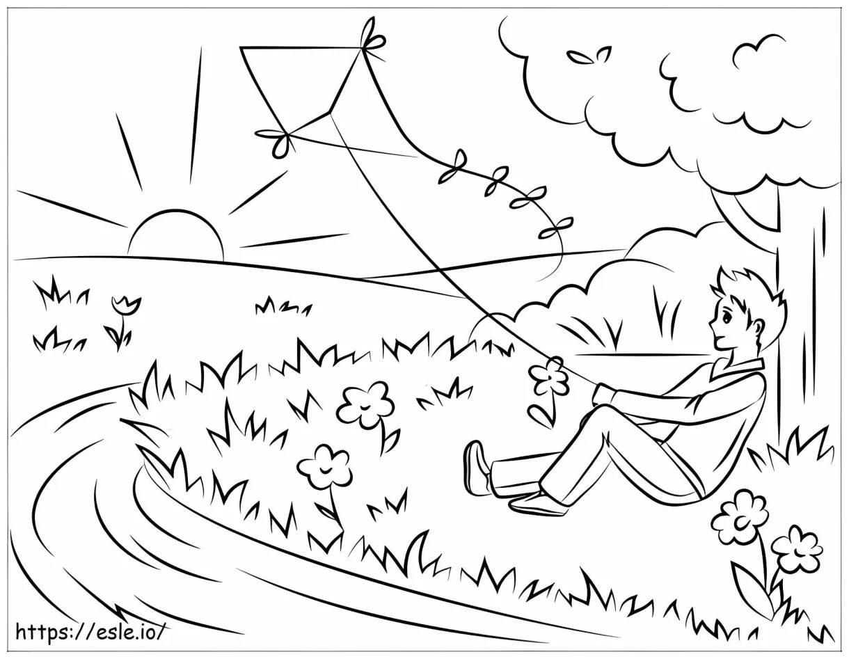 Boy flying a kite a4 coloring page