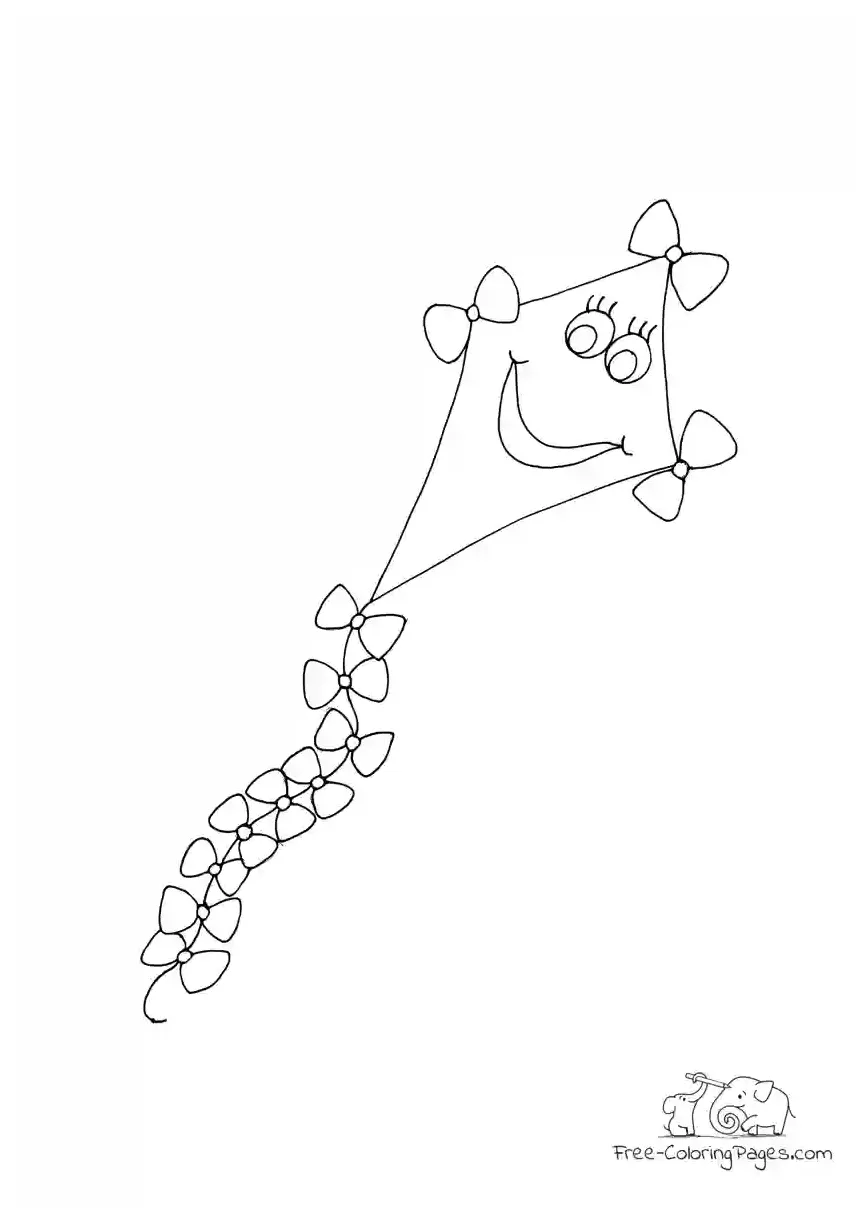Coloring page smiling kite with bows on string free coloring pages