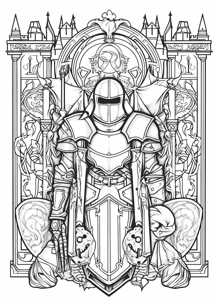 Premium AI Image | A knight in armor coloring page with a castle in the